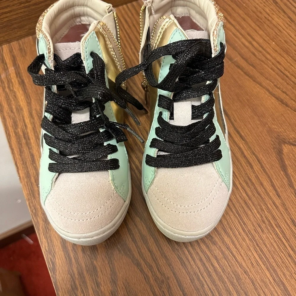 Justice sport girls metallic, gold, and blue high top sneakers size 1